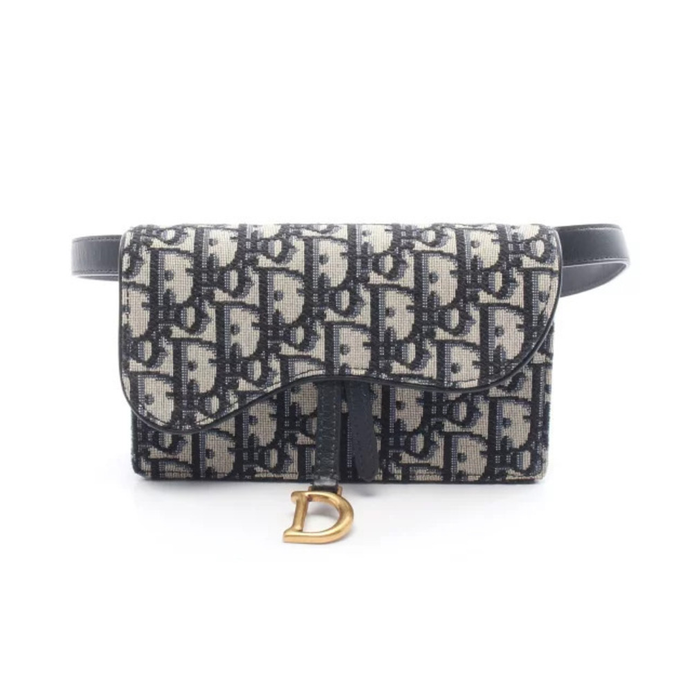 Christian Dior Oblique Waist Bag Body Canvas Navy Blue Beige Cream